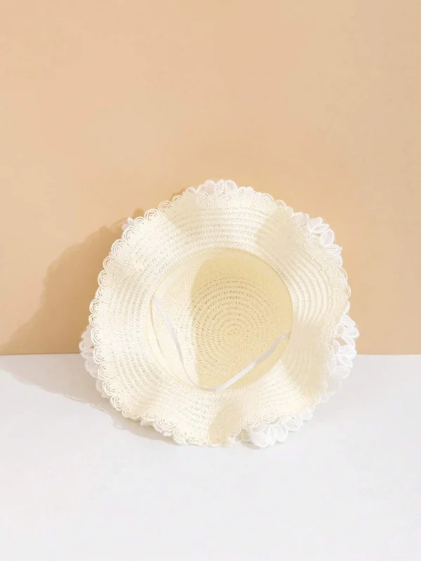 Girls Strawberry Decor Contrast Lace Boho Straw Hat - Image 3