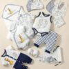 Baby Boy 3pcs Cartoon Graphic Bodysuit & 1pc Striped Pants & 1pc Jumpsuit & Accessory Hat & Bib & Gloves & Socks