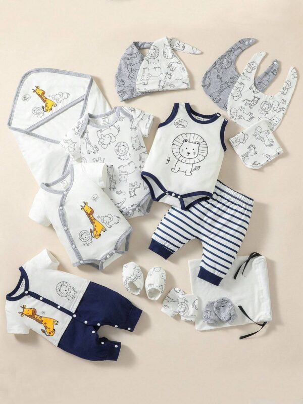 Baby Boy 3pcs Cartoon Graphic Bodysuit & 1pc Striped Pants & 1pc Jumpsuit & Accessory Hat & Bib & Gloves & Socks