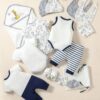 Baby Boy 3pcs Cartoon Graphic Bodysuit & 1pc Striped Pants & 1pc Jumpsuit & Accessory Hat & Bib & Gloves & Socks - Image 2