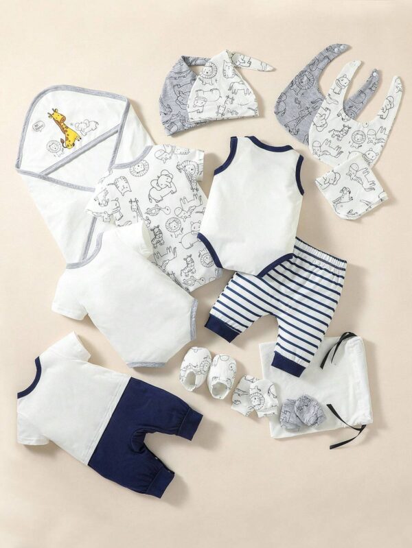 Baby Boy 3pcs Cartoon Graphic Bodysuit & 1pc Striped Pants & 1pc Jumpsuit & Accessory Hat & Bib & Gloves & Socks - Image 2