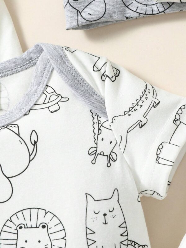 Baby Boy 3pcs Cartoon Graphic Bodysuit & 1pc Striped Pants & 1pc Jumpsuit & Accessory Hat & Bib & Gloves & Socks - Image 4