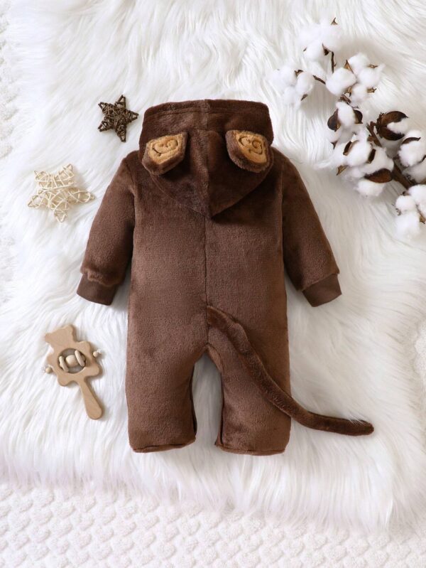 Baby Boy Cartoon Embroidery 3D Ear Design Hooded Flannel Sleep Jumpsuit - Image 2