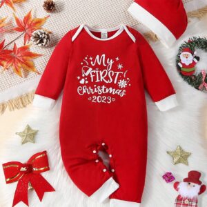 Baby Boy Christmas Slogan Graphic Contrast Trim Jumpsuit & Hat for Christmas