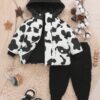 Baby Boy Cow Print 3D Ears Design Hooded Puffer Coat & Pants