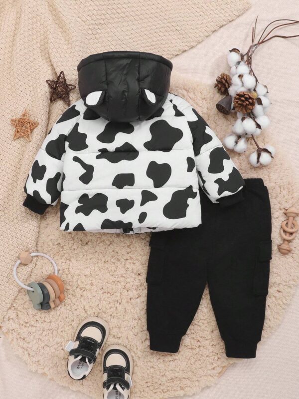 Baby Boy Cow Print 3D Ears Design Hooded Puffer Coat & Pants - Image 2